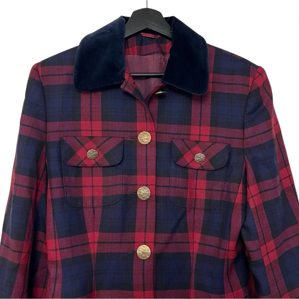 Vintage Wool Plaid Velvet Collar Blazer Jacket Navy Blue Red British Holiday